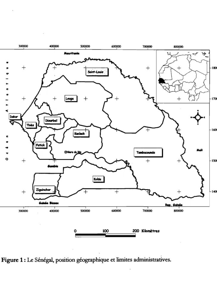 Figure 1 : Le Sénégal, position géographique et limites administratives. 1 1 1 1 1 1
