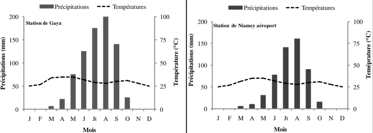 Figure 3 : Diagramme ombrothermique à la station de Niamey aéroport et de Gaya de 1967 à  2009 ; P = 2T (Données : Direction de la Météorologie Nationale) 