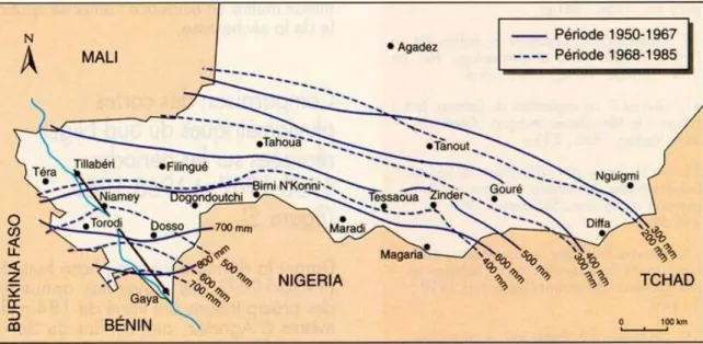 Figure  4 :  Carte  pluviométrique  du  Sud  Niger :  les  isohyètes  sont  calculées  sur  la  période  dite 