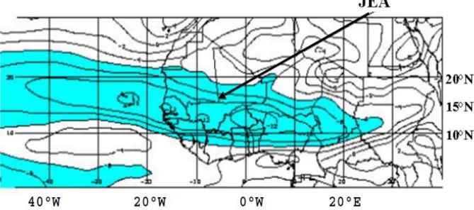 Figure 6 : Vent zonal et jet d’est africain (JEA) à 600 hPa entre le 21 et 31/08/2000 pendant la campagne  JET2000