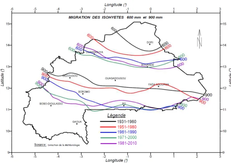 Figure I.3: Migration des isohyètes 600 mm et 900 mm cours des 80 dernières années au  Burkina Faso (DGM, 2011)