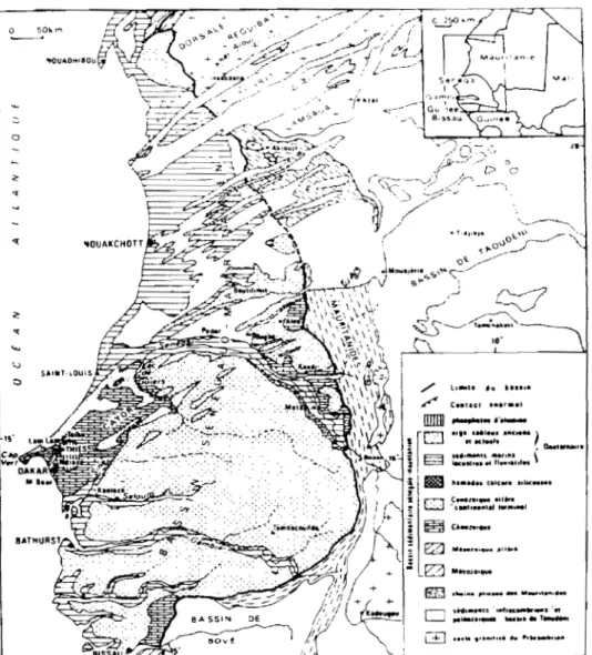 Figure  Il :  carte structurale et géologique du  bassin sénégalo-rnauritanien (Ponsard  1