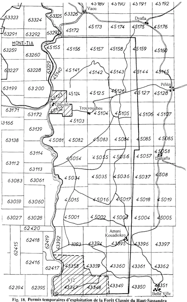 Fig.  18.  Permis temporaires d'exploitation de la Forêt Classée du Haut-Sassandra  (source SODEFOR,  1993) 