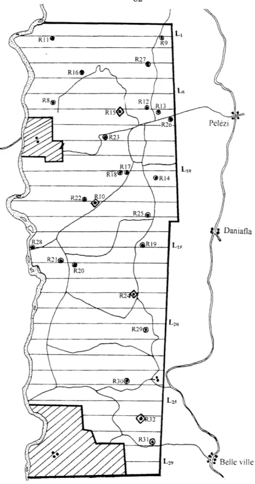 Fig.  23. Emplacement des parcelles de relevés par rapport aux layons (L 1-L29),  sur la carte de SODEFOR (1993) 
