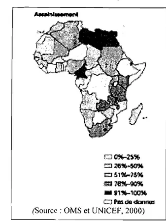 Figure ILl : Taux de couverture (-:n % des populations) en assainissement dans les pays africains