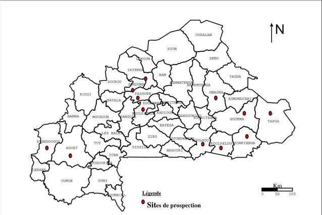 Figure 2: Sites de prospection de plants malades de Striga  hermonthica au Burkina Faso, 1999