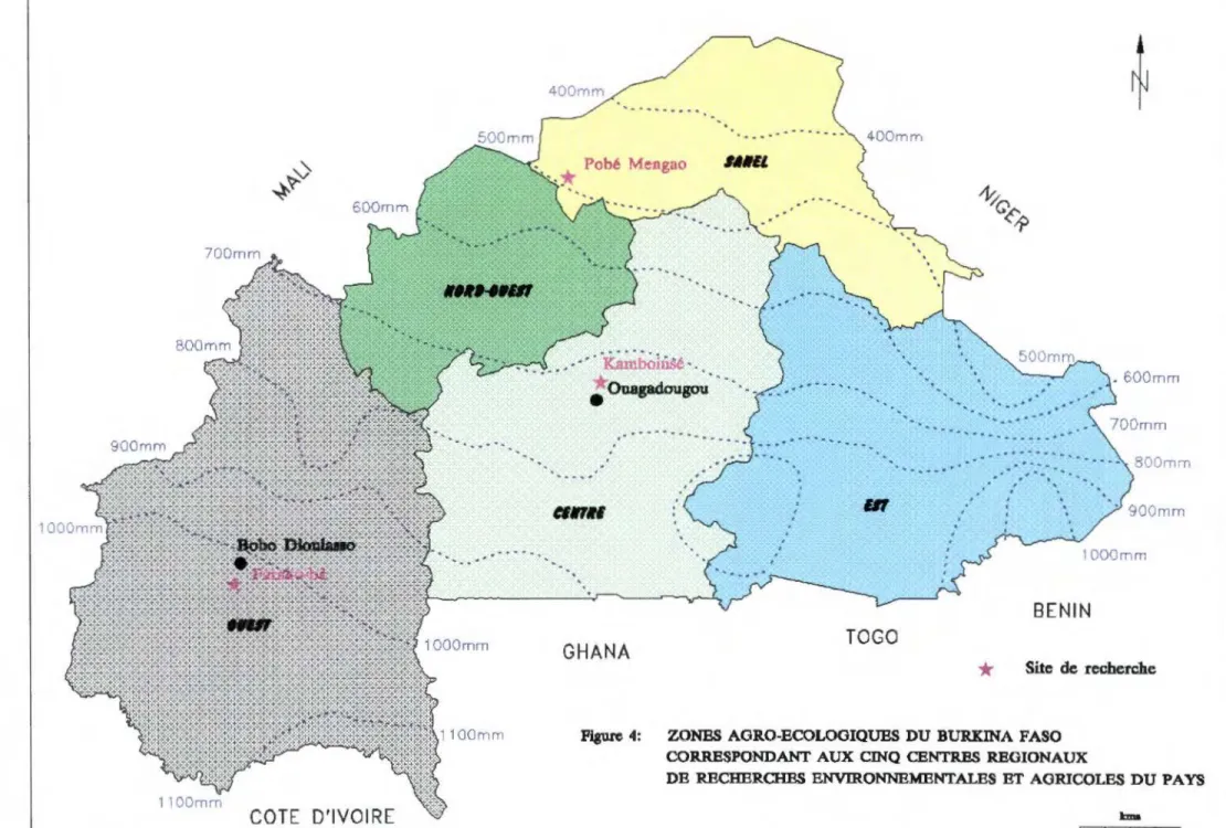 Figure  4:  ZONES AORO-BCOLOOIQUBS  DU  BURKINA  FASO  CORRESPONDANT AUX  CINQ  CENTRES  REGIONAUX 