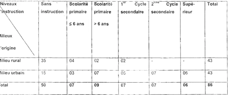 Tableau  n°2.  Répartition  des  mères  en  fonction  du  niveau  d'instruction  et  du  milieu  d'origine 