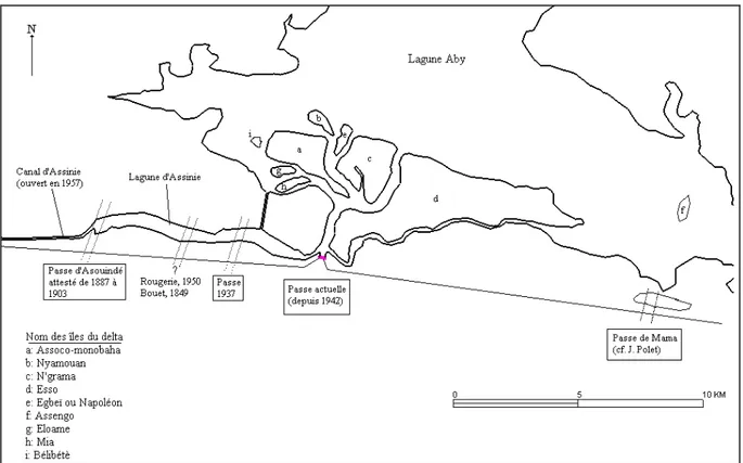 Figure 10 : Migrations de la passe d’Assinie (Charles-Dominique, 1993). Les positions authentifiées sont encadrées.