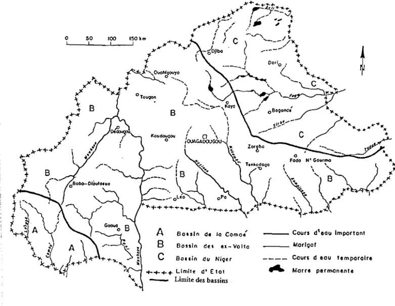 Figure 3. Hydrographie et Bassins hydrographiques du Burkina Faso (D'après Annuaire Hydrographique, 1979)