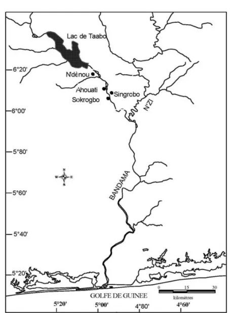 Figure 1 : Situation géographique des stations d’enquêtes (  ) sur le fleuve Bandama.