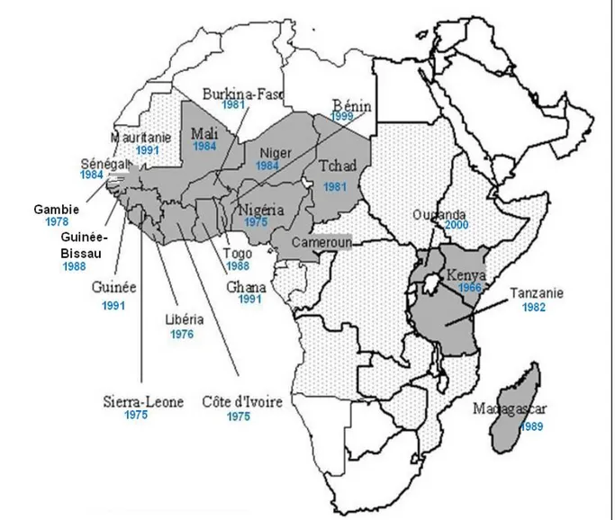 Figure 2. Distribution géographique du RYMV. Les années indiquées en dessous des noms de pays sont les dates auxquelles la maladie a été rapportée pour la première fois dans ces pays