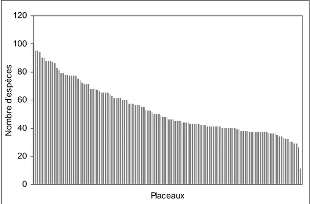 Figure 19 : Richesse des relevés (placeaux) en espèces 020406080100120PlaceauxNombre d'espèces020406080100120ESpècesFréquences Espèces / placeaux 