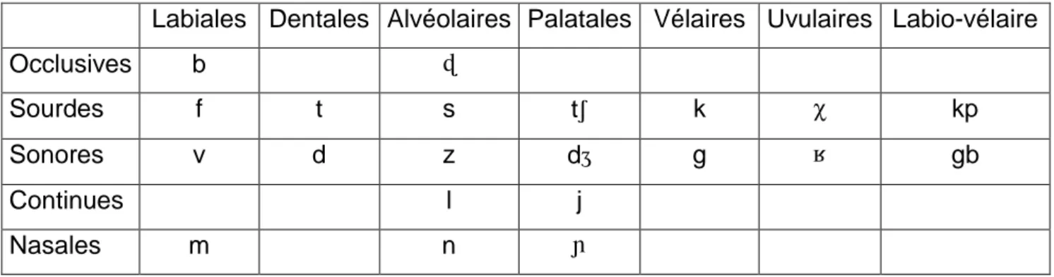 Tableau 2 : Tableau du système consonantique du fngbé 