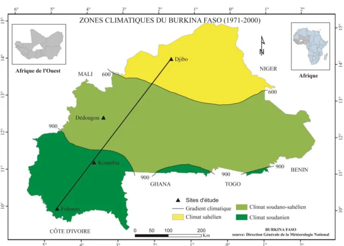 Figure 1: Carte de délimitation des zones climatiques du Burkina Faso et de localisation des sites d’étude  (source : Direction Générale de la Météorologie National) 