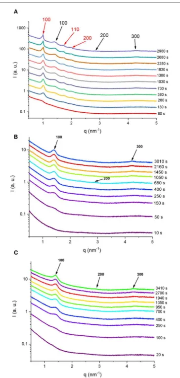 FIGURE 4 | Selected SAXS patterns are presented at different elapsed times for the three in situ digested KO emulsion (A), and AO emulsions stabilized by using sodium caseinate (B) and citrem (C)