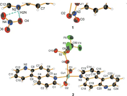 Fig. 1. Molecular structures of copper(II) complexes 1 (#1: x + 2, y + 1, z + 1) and 2