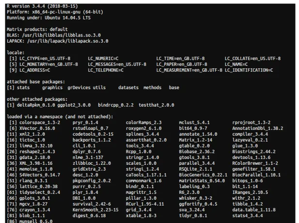 Figure 11: Session info in R 3.4.4, with RStudio 1.0.143, run under Ubuntu 14.04.5 LTS.