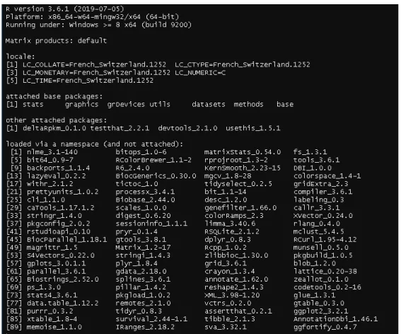 Figure 14: Session info in R 3.6.1, with RStudio 1.1.463, run under Windows10.