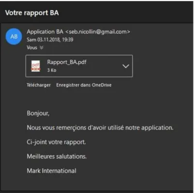 Figure 14 : Exemple de réception de l'e-mail envoyé dans une boite e-mail  Outlook 