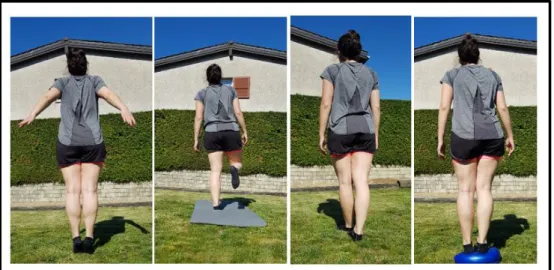 Figure 8. Démonstration des quatre exercices effectués lors des tests (de  gauche à droite) : Position de l'envol sur la pointe des pieds (sol), Tenir sur sa 