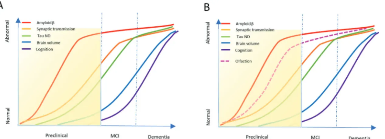 Fig. 1. Dynamic biomarkers’ model underlying the progressive staging of dementia. A) Graphical sketch of the typical progression of known biomarkers in progression of dementia, with the yellow area indicating the preclinical phase