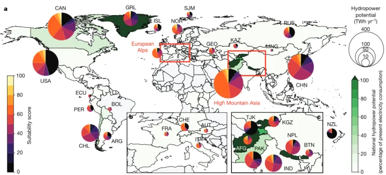 Fig. 2 | Global distribution of the hydropower potential from deglacierizing  areas, showing suitability and national significance