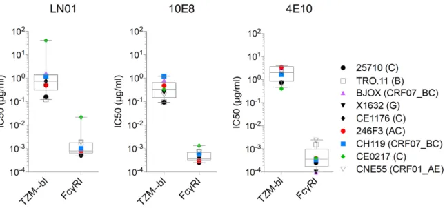 Figure S3 related to Figures 1C and 3A, B. Fc γ RI expression on target cells greatly enhances  HIV-1 neutralization by anti-MPER broadly neutralizing mAbs