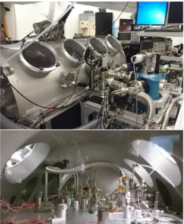 Fig. 3. Pictures showing external (top) and internal (bottom) views of the vacuum chamber enclosing the TDL oscillator for intra-oscillator HHG.