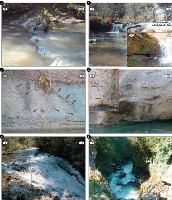 Fig. 16. Field photos showing spatial variations in channel bottom gradients of several rivers in the westernmost of Switzerland and evidence of late Miocene/early Pliocene tectonic faulting