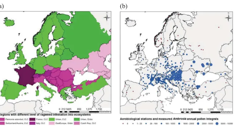 Fig. 2. A: Geographical regions with different invasion levels of common ragweed in described land cover classes within the Corine Land Cover (CLC) classiﬁcation separated into the following six zones as described in Table A1: (1) The Pannonian Plain exten