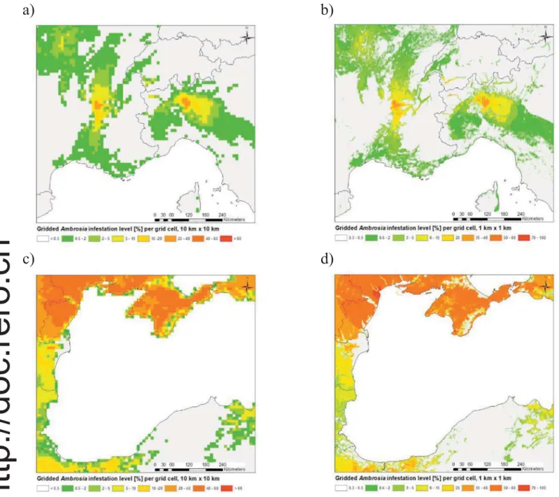 Fig. 4. A: Infestation level of Ambrosia pollen covering the Rhone valley and the Milan region at 10 km × 10 km