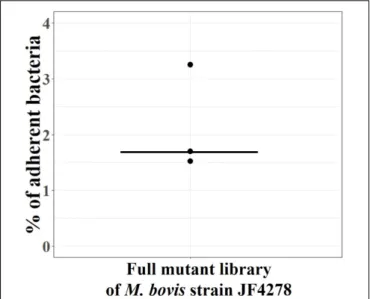 FIGURE 5 | Adhesion assay with the full M. bovis strain JF4278 mutant library. M. bovis adhesion to bMec cells after 30 min