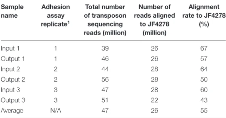 TABLE 1 | Summary of the transposon sequencing results from input and output samples of the adhesion assay.
