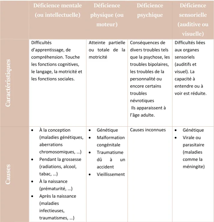 TABLEAU I : TYPES DE DÉFICIENCES 