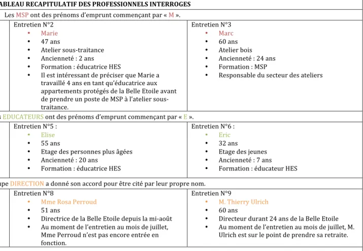 TABLEAU RECAPITULATIF DES PROFESSIONNELS INTERROGES  Les MSP ont des prénoms d’emprunt commençant par « M »