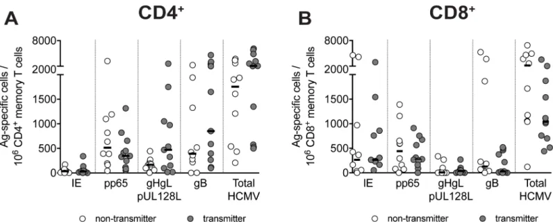 Fig 2. Pregnant women transmitting or non-transmitting HCMV to the fetus have comparable frequencies of specific T cells at early time points after infection