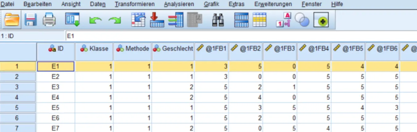 Abbildung 4: Ausschnitt der SPSS-Datenmatrix der vorliegenden Untersuchung 