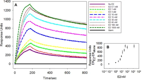 Figure 2. (A) Surface plasmon resonance (SPR) sensorgrams of the interaction between 134 nM wt- wt-ERα LBD  with different E2 concentrations (0.1, 1, 3, 10, 15, 30, 45, 100, 1500 nM); (B) The SPR signal  recorded 60 s after the injection and is plotted as 