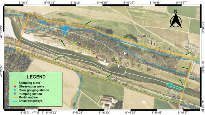 Fig. 2. Map of the different sampling locations. The flow direction of the Thur River is indicated by the big arrow within  the river, GW flow directions are indicated by the smaller arrows