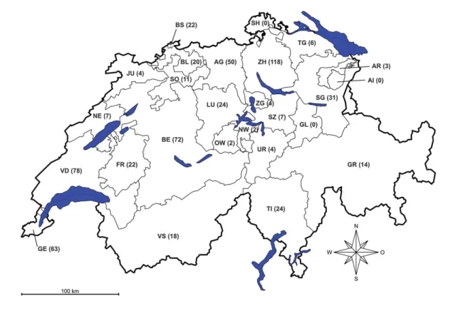 Figure 1: Switzerland and its cantons, regional workplace distribution indicated by respondents to the survey.