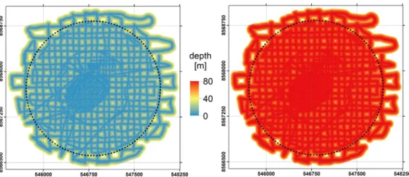 Fig. 20. Idealized 250 MHz radar penetration assuming a radar illumination angle of 120°, a radar extinction length of 80 m and a grid spacing of 100 m.