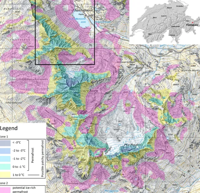 Figure 3. Map section of the PGIM close to Flüelapass in the Eastern Swiss Alps (inset map of Switzerland), showing the permafrost distribution in two zones