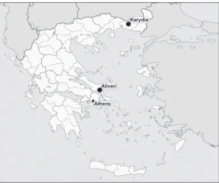 Figure 1. Map of Greece with indication of the localities of Aliveri and Karydia. Source: https://commons.wikimedia.org/wiki/File:Greece_location_map.svg