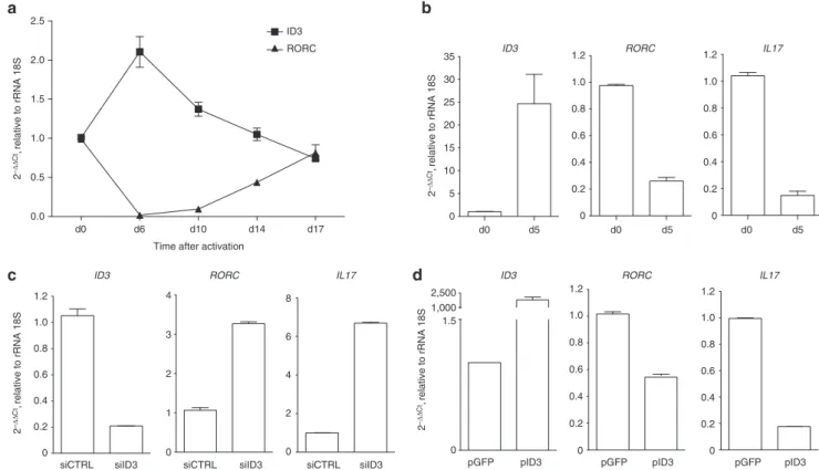 Figure 6 | ID3 represses RORC and IL-17 expression. (a) Ex vivo-isolated T H 17 cells were either left resting or were stimulated with plate-bound anti-CD3 and anti-CD28 antibodies and expanded for up to 17 days