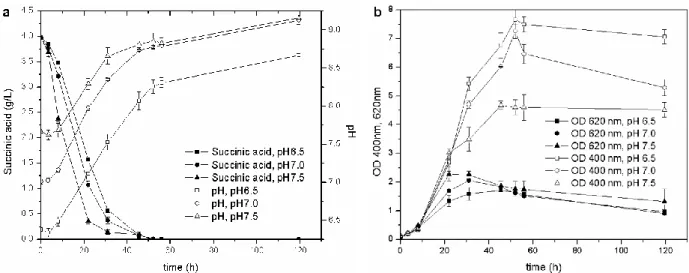 Figure  3.  Cultures  carried  out  at  different  initial  pH:  (a)  pH  and  C  source  consumption;  