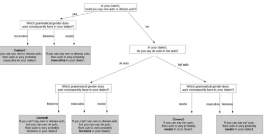 Figure 2 Participants in the ‘strategy’ condition were asked one or two questions about which determiners they thought ten Dutch words could take in their  dia-lect (white boxes)