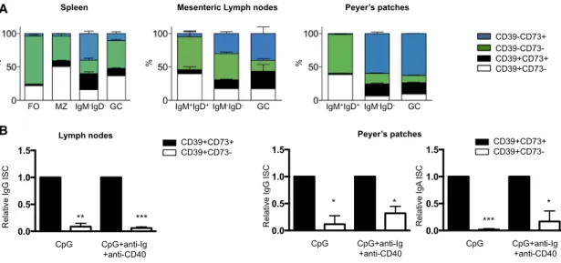 Figure S1. Expression of CD39 and CD73 in Mouse B Lymphocytes and Their Functional Characterization, Related toResults and Discussion (A) CD39 and CD73 expression in mouse B lymphocyte subsets identified as follows: marginal zone B cells (MZ, CD19 + B220 +