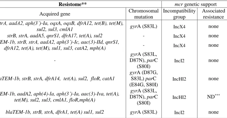 Table S3. The antimicrobial susceptibility, the resistome and the genetic support of the mcr-1 gene of the plasmid mediated colistin resistant E