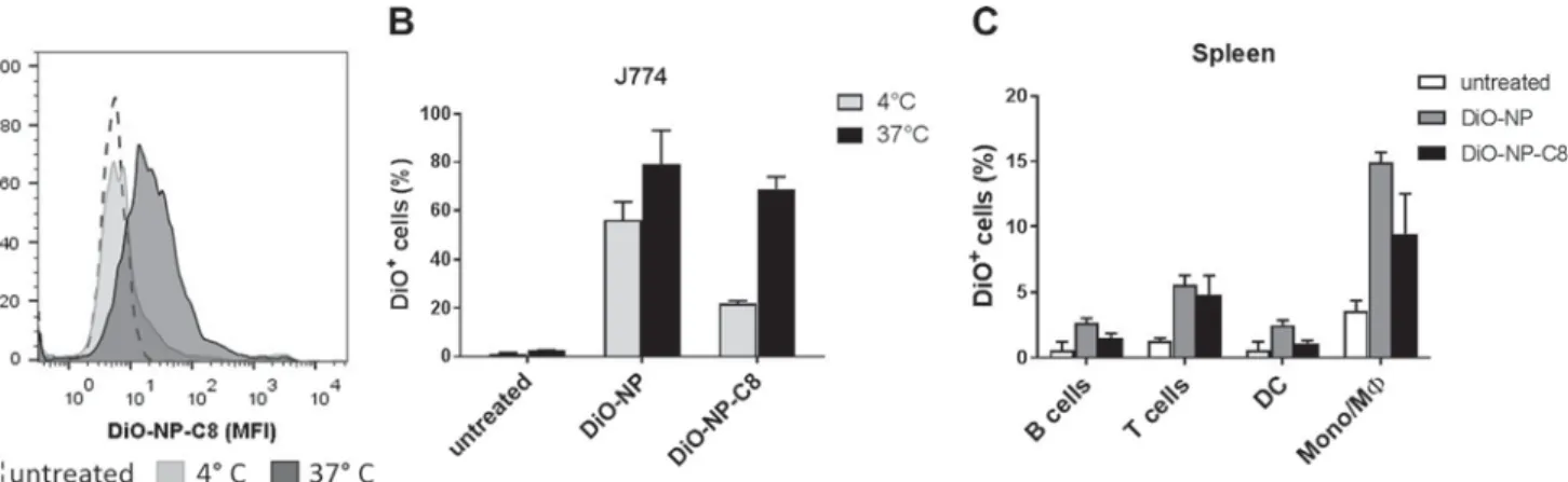 Fig. 4. NP are e ﬀ ectively taken up by antigen-presenting cells. Representative histogram (MFI) (A) and percentage of DiO-positive cells (B) after J774 macrophages were incubated with DiO-labeled NP for 3 h at 4 °C or 37 °C and assessed by ﬂ ow cytometry